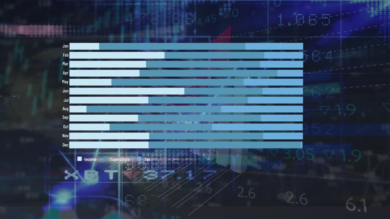 Digital video shows animated financial graphs over binary code with global network concept