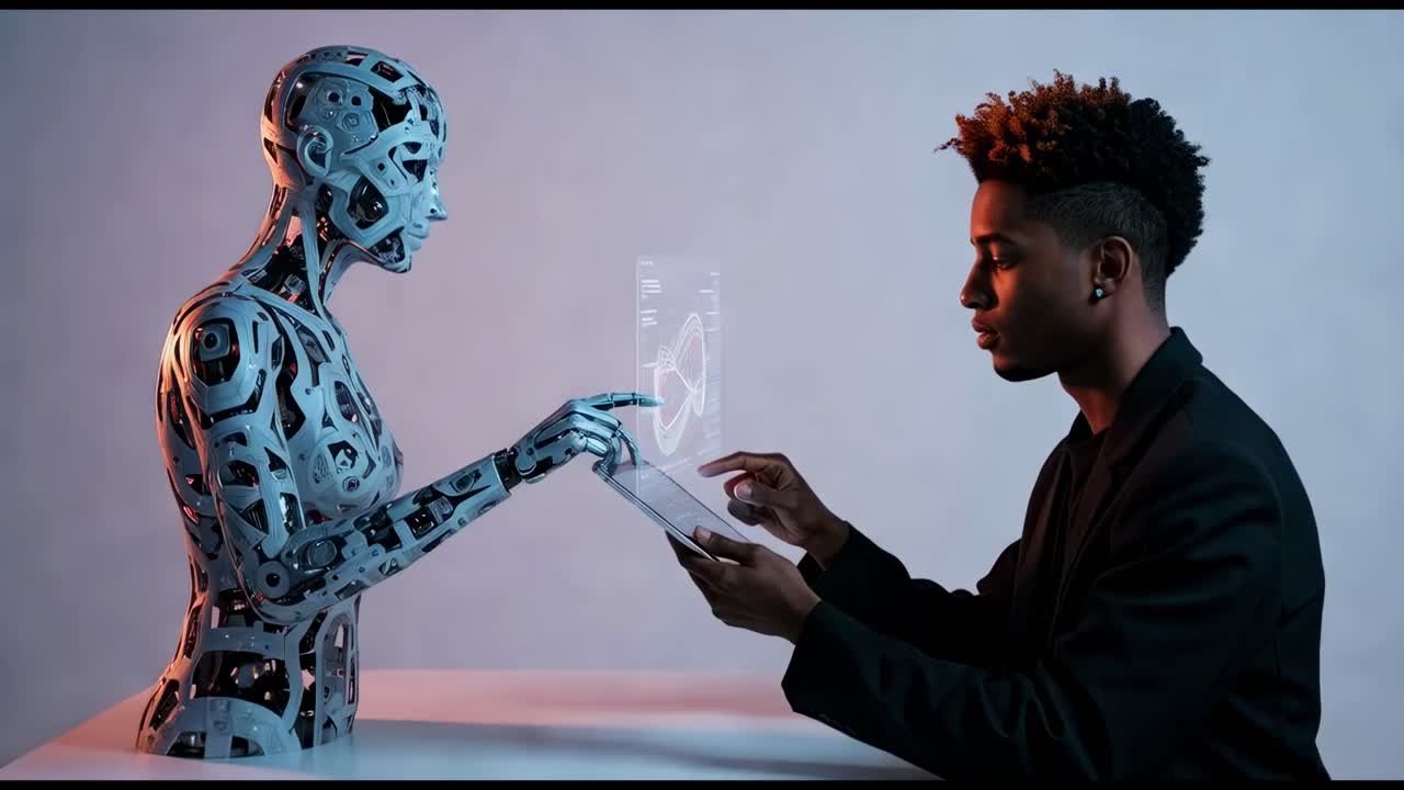 Man interacts with humanoid robot in futuristic setting showcasing human-robot collaboration in technology