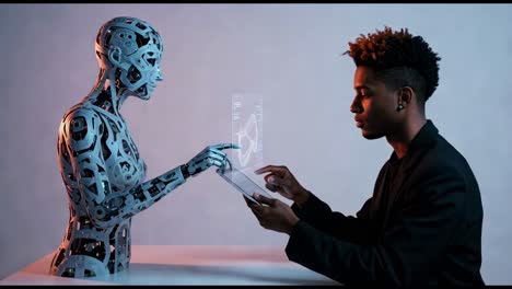 man interacts with humanoid robot in futuristic setting showcasing human-robot collaboration in technology