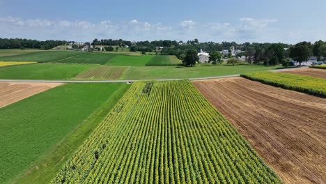 An-aerial-view-of-the-lush-green-farmland-of-southern-Lancaster-County,-Pennsylvania-during-the-summer