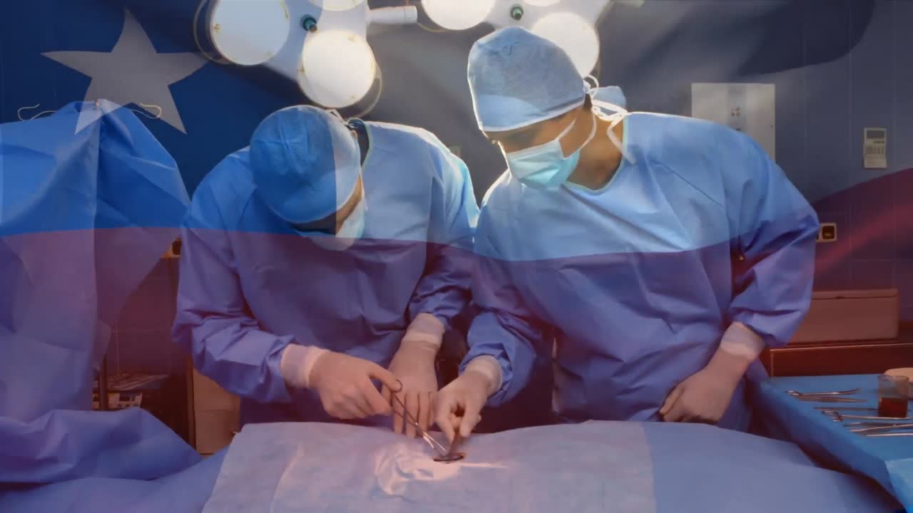 Animation of flag of chile waving over surgeons in operating theatre