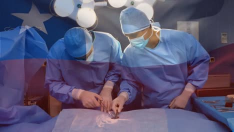 animation of flag of chile waving over surgeons in operating theatre