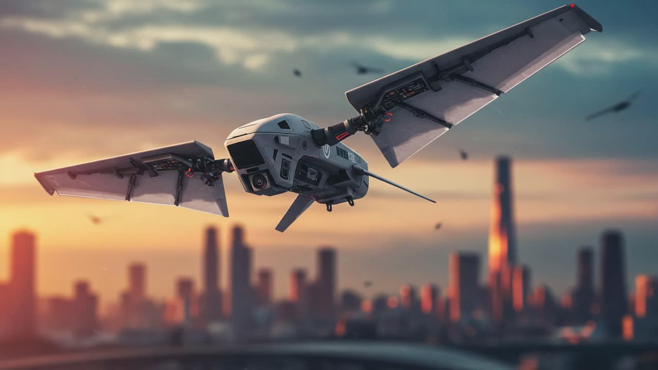 Futuristic Drone in Flight Captured Over a Metropolis, Showcasing Advanced Technology and Urban Landscape during a Stunning Sunset