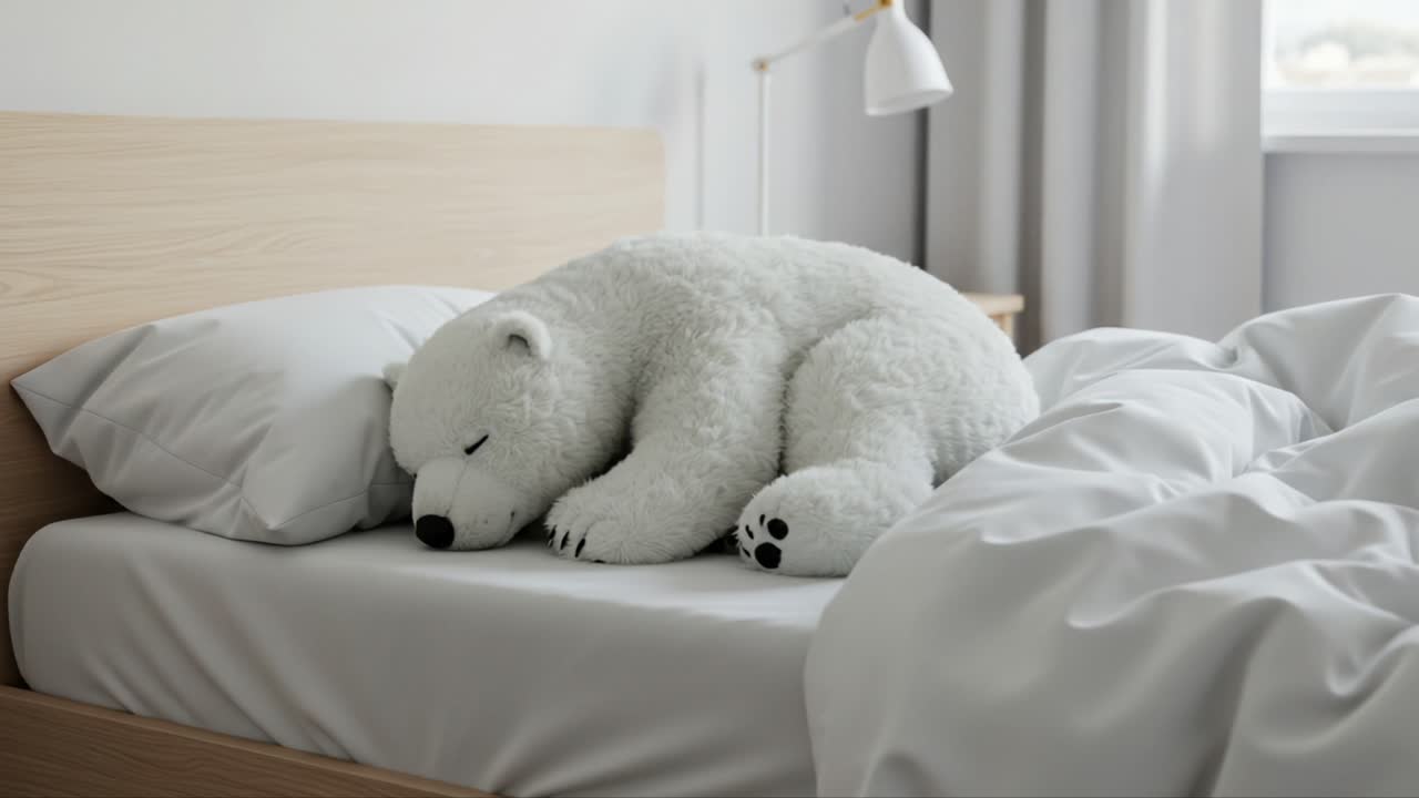 A Cozy Polar Bear Plush Toy Resting Comfortably on a Bed, Surrounded by Soft Pillows and Blankets in a Bright, Inviting Bedroom Setting