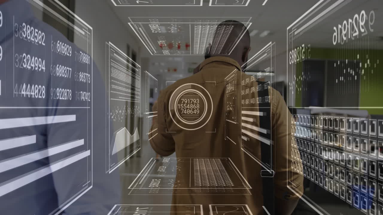 Walking in school hallway, person interacting with digital animation graphics overlay