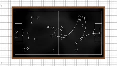 animación de la estrategia del juego de fútbol dibujada en pizarra negra contra un fondo de papel alineado cuadrado