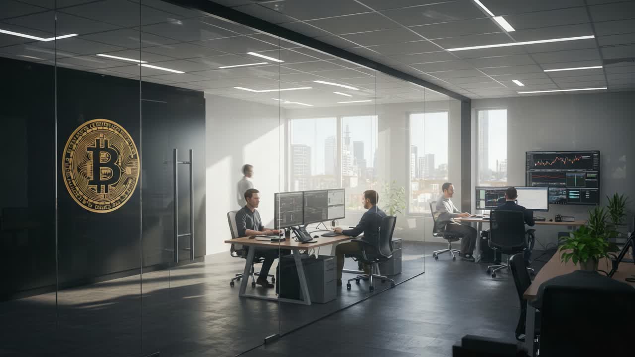 A Dynamic Cryptocurrency Trading Office Environment with Professionals Engaged in Bitcoin Analysis and Market Strategies, Showcasing Modern Technology and Collaboration