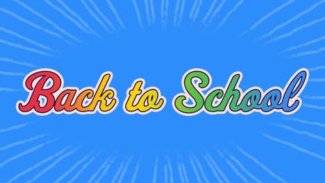 animación digital de texto multicolor de regreso a la escuela contra líneas blancas que giran sobre un fondo azul