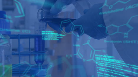 animation of data processing and chemical formula over scientist in lab
