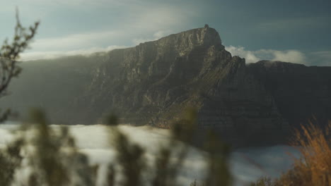 Schwenkt-Man-An-Fynbos-Sträuchern-Vorbei,-Sieht-Man-Im-Hintergrund-Den-Tafelberg-Nationalpark-Am-Fuße-Der-Bergwolken-über-Der-Stadt-Kapstadt-In-Südafrika