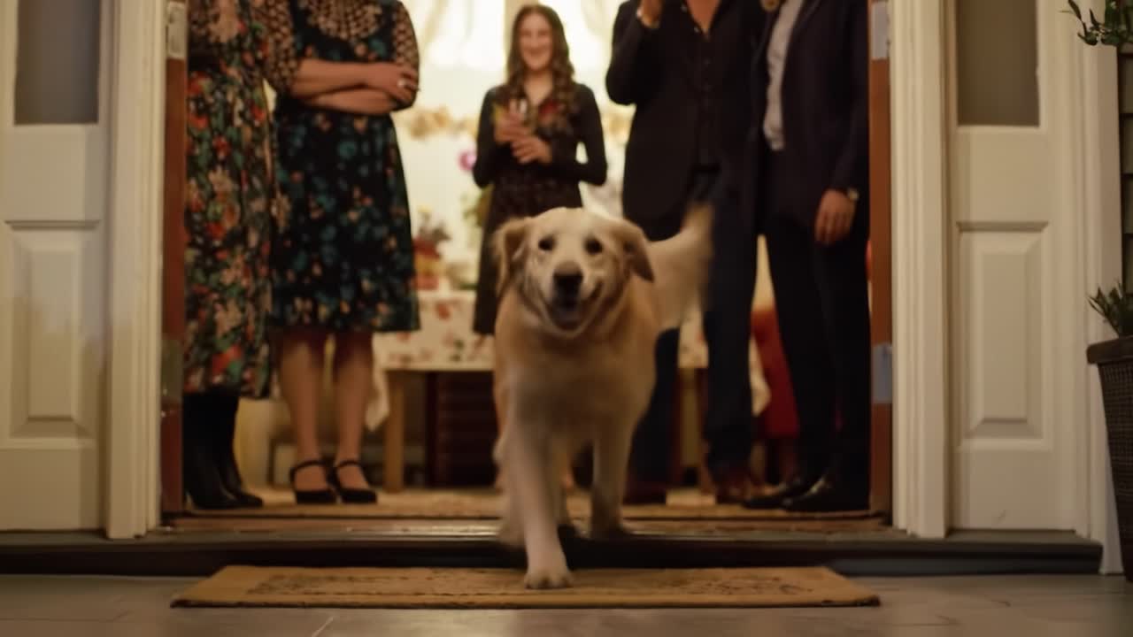 A Playful Golden Retriever Welcomes Guests at a Festive Gathering, Spreading Joy and Excitement in a Cozy Home Atmosphere