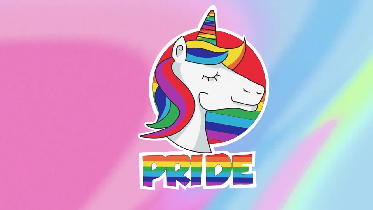 animación del icono del unicornio con texto de orgullo sobre un fondo colorido