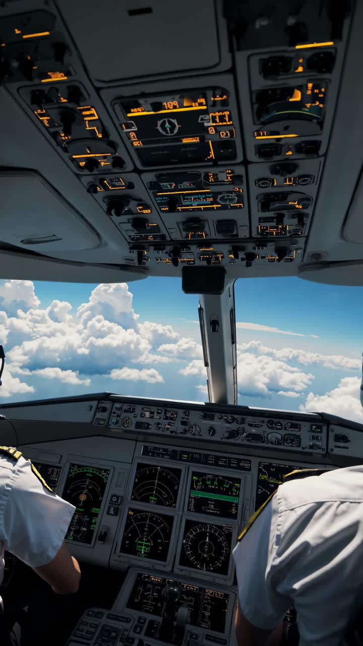 A cockpit view from behind pilots, capturing a stunning aerial perspective of clouds