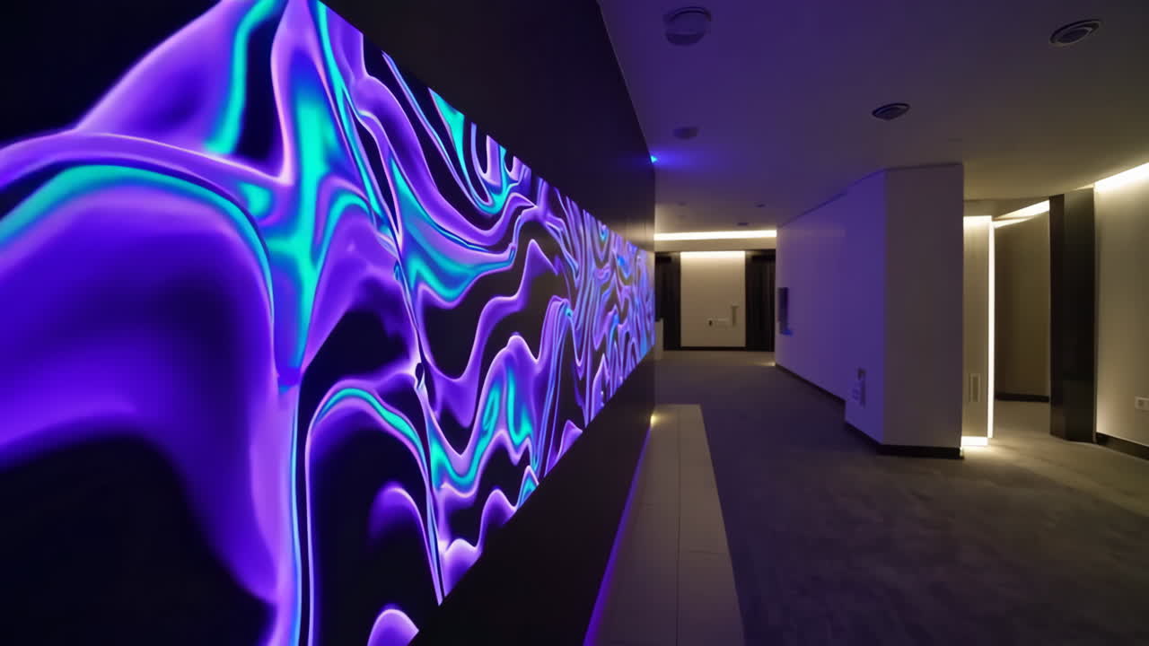 Vibrant Abstract LED Wall in a Modern Corridor