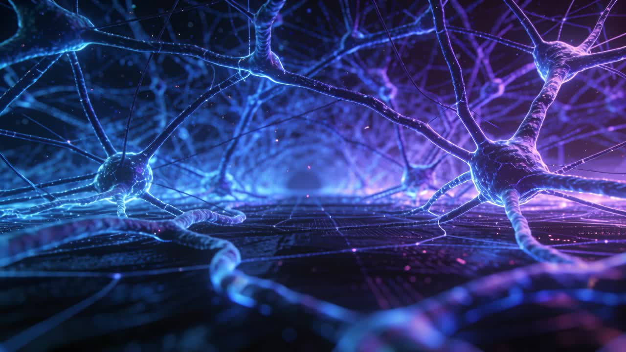 Camera gliding through neural corridor, central neurons pulsing and sending light for tech demo