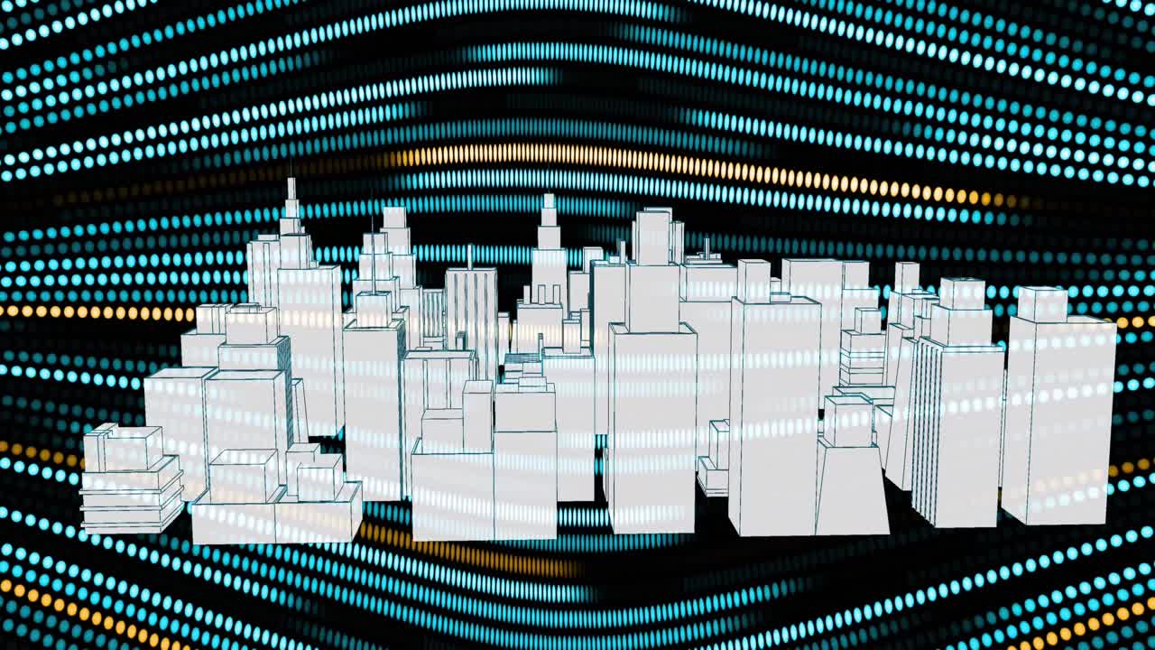 Animation of metaverse city over black background with green and yellow lines
