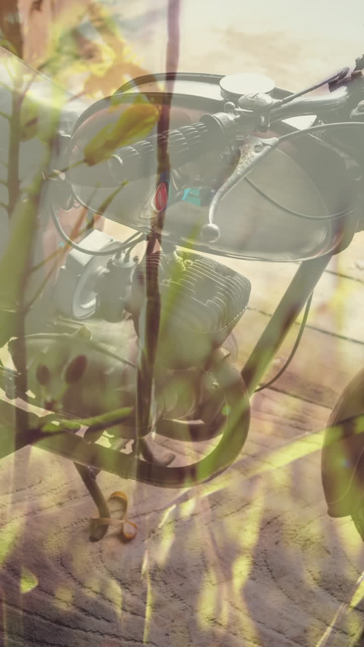 animación de hierba verde sobre motocicleta en el garaje