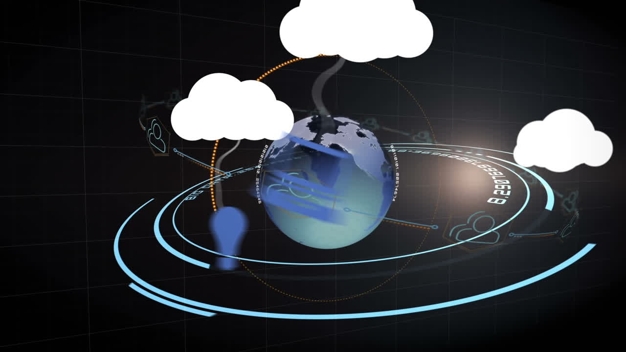 Animation of clouds with icons over globe