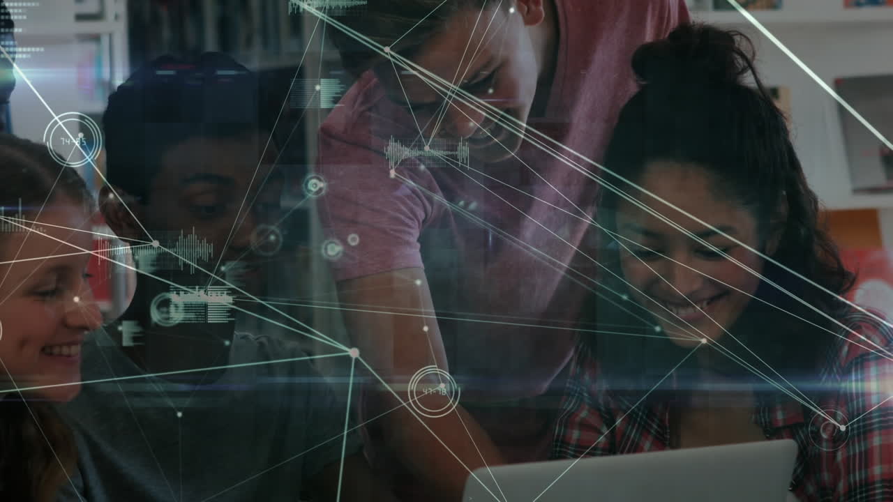 Animation of connections over happy diverse students using technology at school