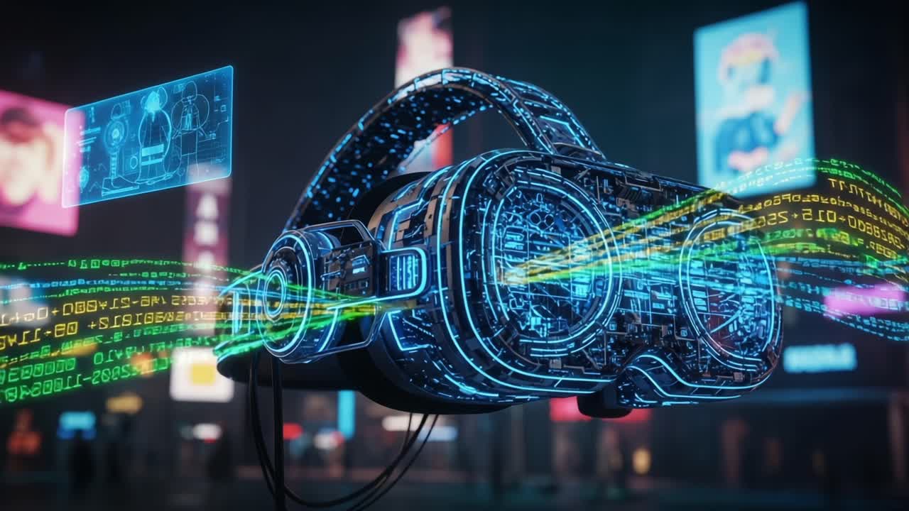Futuristic Virtual Reality Headset Surrounded by Neon Lights and Digital Elements in a Vibrant Cityscape, Representing the Integration of Technology and Entertainment