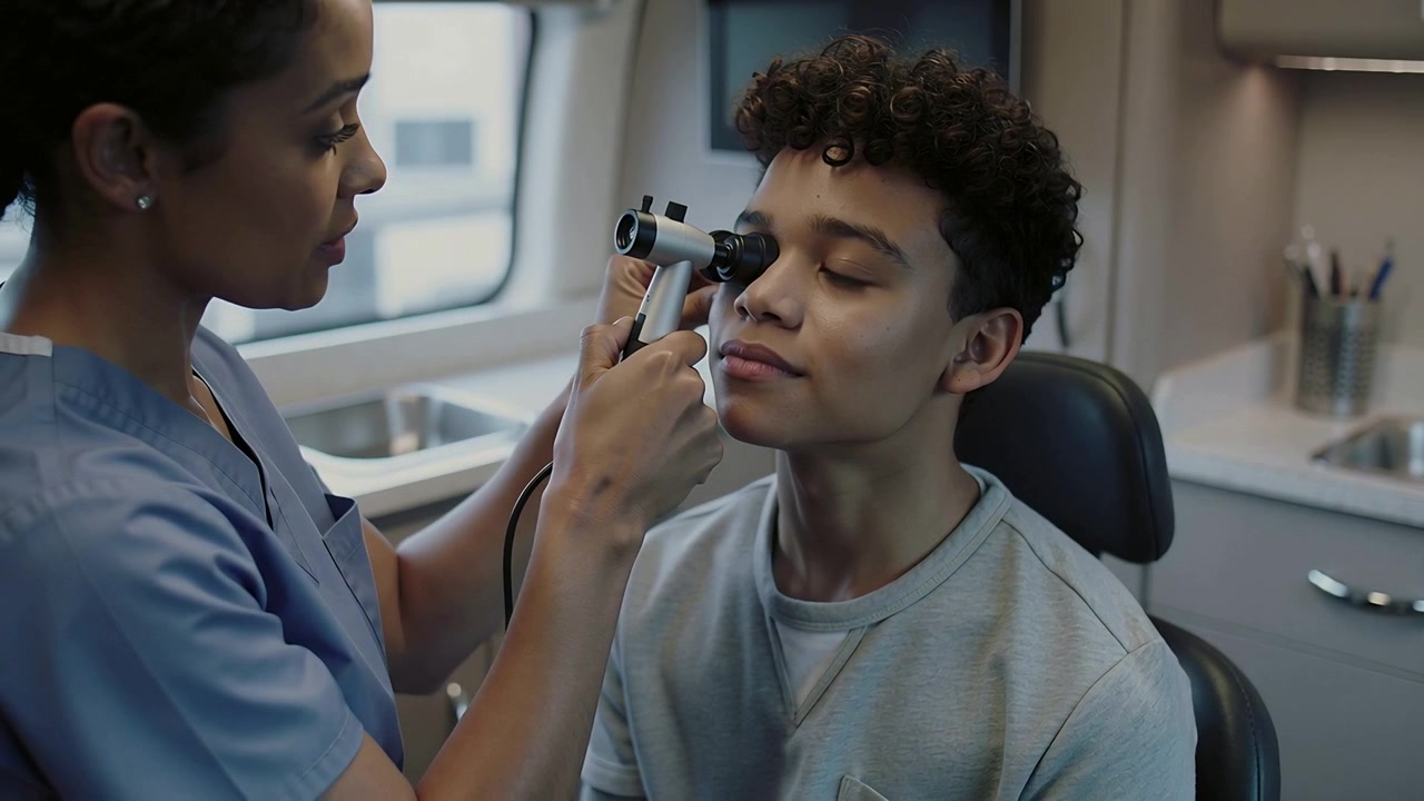 Bringing ophthalmoscope, nurse in blue scrubs examining teen right eye in clinic checking vision