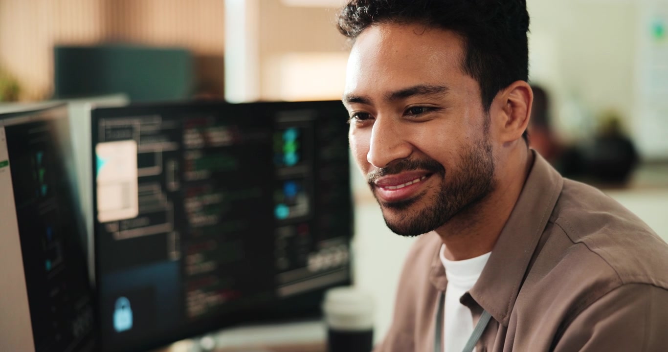 Software Developer Working on Code at Computer in Office