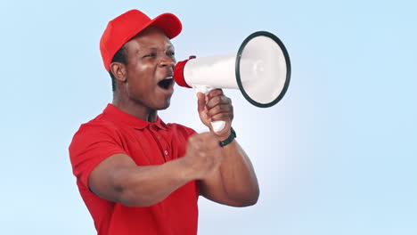 megaphone, screaming and young black man in studio