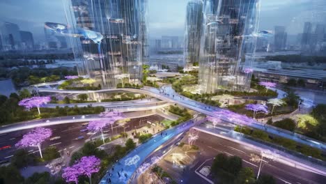 futuristic cityscape at dusk with flying vehicles and modern architecture
