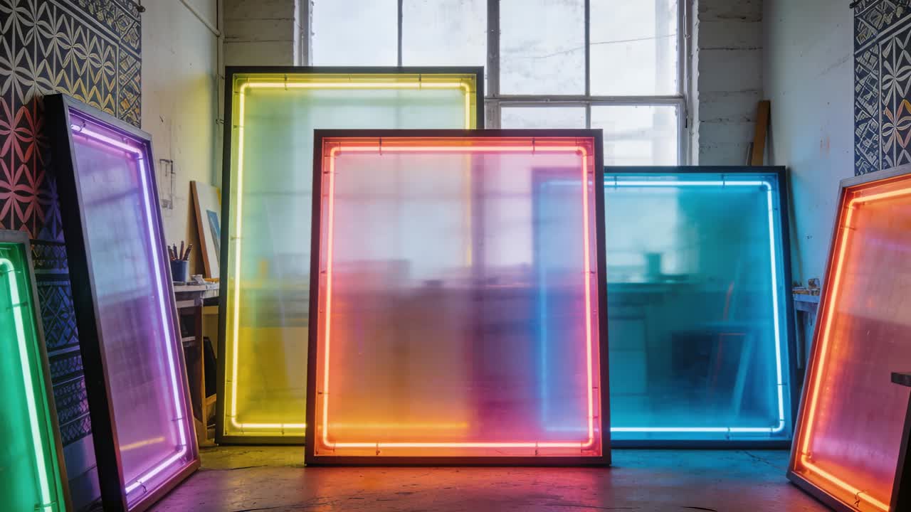 Et pulserende rødt neon-centerpanel kaster en farvet glød på gulvet med flimrende neon og et matteret vindue.