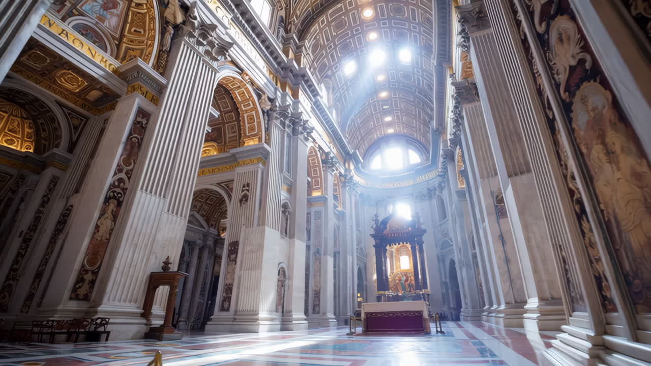 Sunlit interior of a grand basilica with ornate columns and high arches