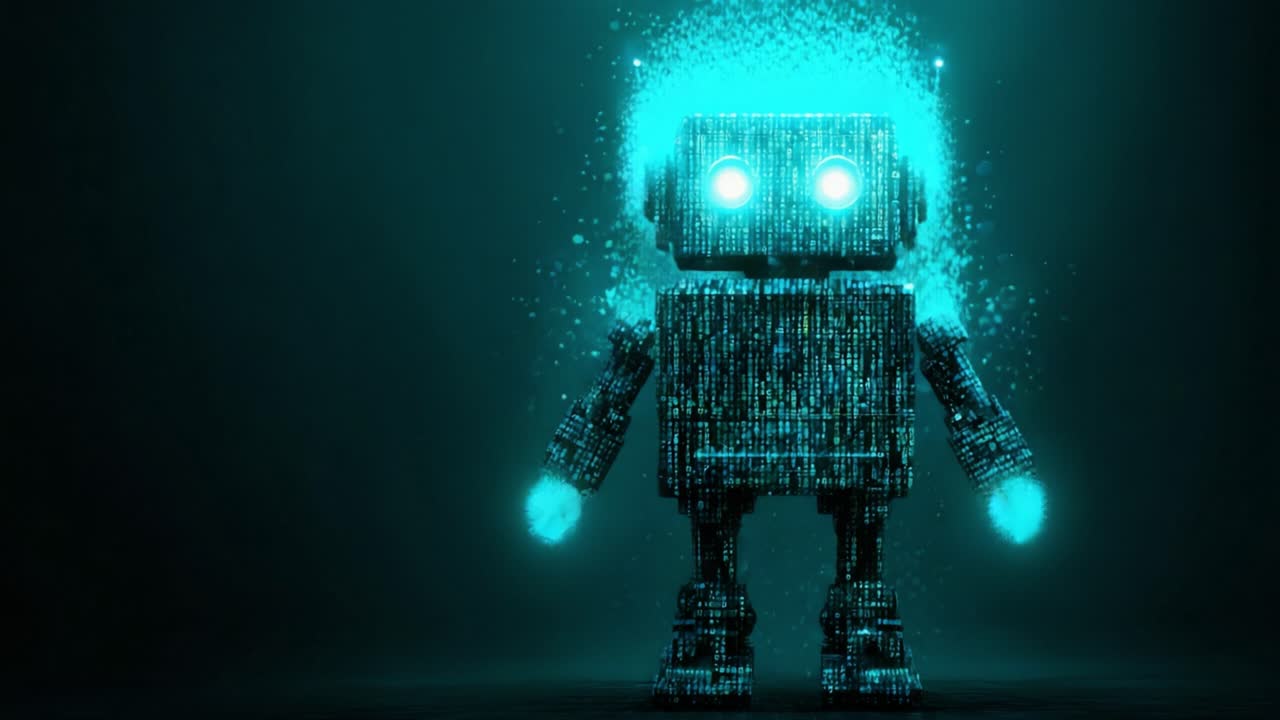 Futuristic humanoid robot character dissolving into a glowing cloud of digital data particles, representing concepts like artificial intelligence, data transfer, and technological advancement