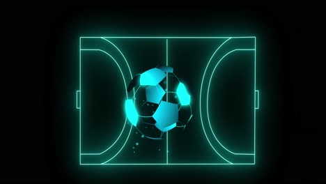 animation of digital football over neon stadium on black background