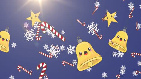 Animation-of-falling-snowflakes-and-christmas-decorations-on-blue-background