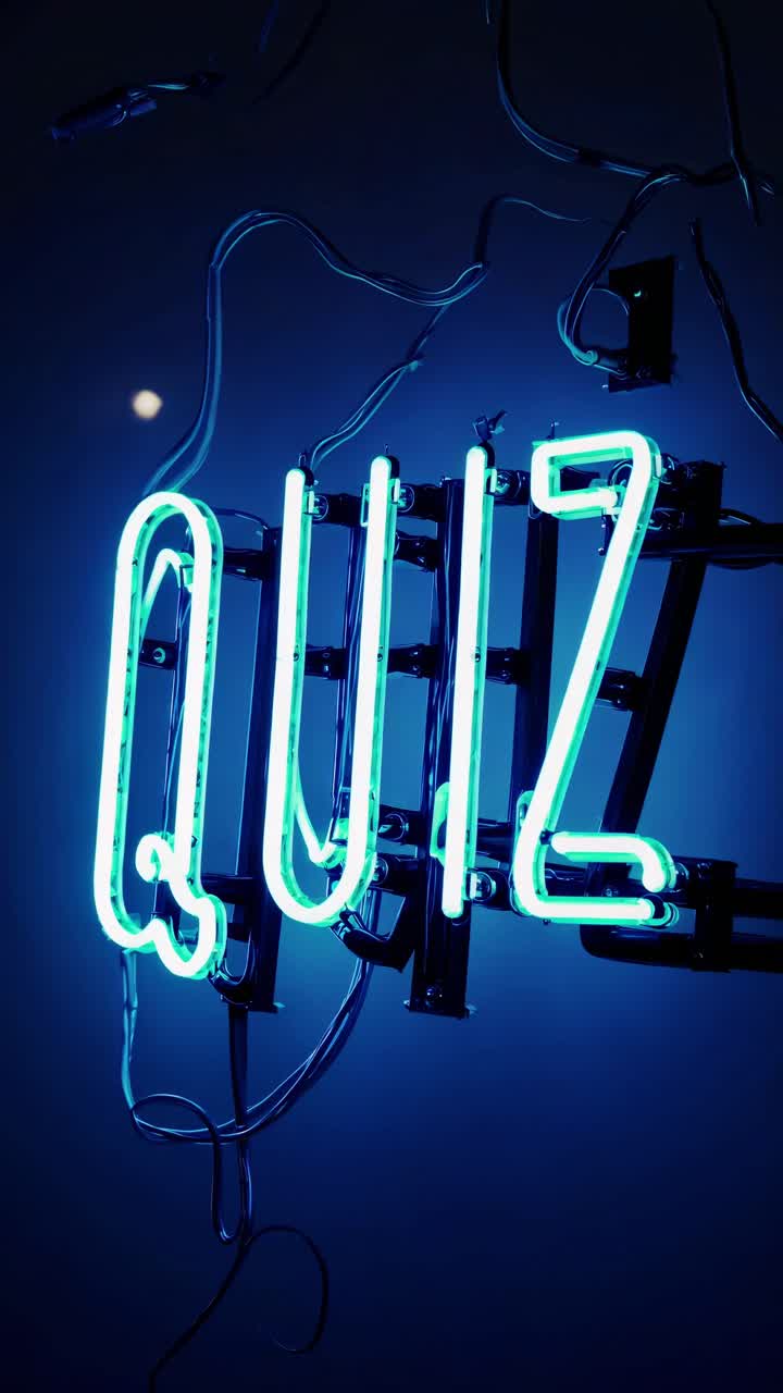 Light blue neon sign spelling the word quiz, mounted on a dark wall with visible electrical wiring, glowing in a dark blue room, creating a vibrant and intriguing atmosphere