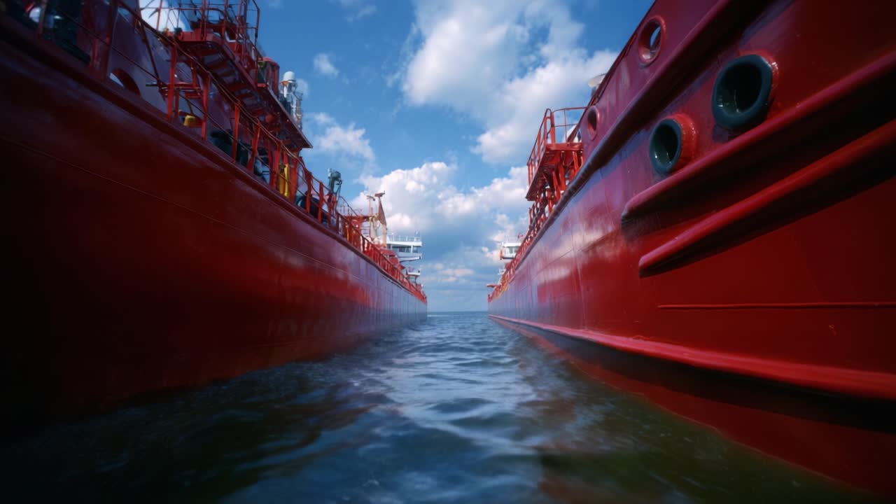 Red cargo ships loom large, towering above calm blue waters. Sky above is bright with fluffy white clouds. Perspective from water level creates immersive, dramatic view. Ideal for maritime, logistics