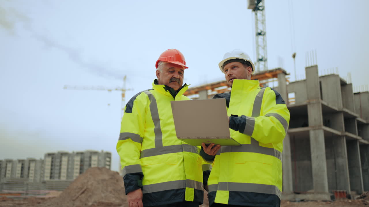 el inspector de construcción y el ingeniero civil están viendo y discutiendo el nuevo objeto en el área de construcción