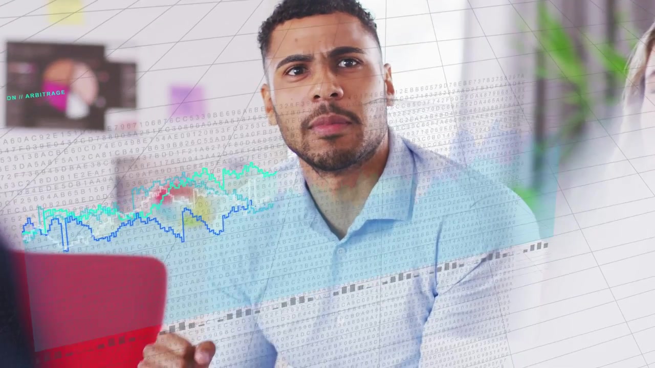 Man reacting to team prompt, leaning and gesturing in business talk while charts overlaying torso