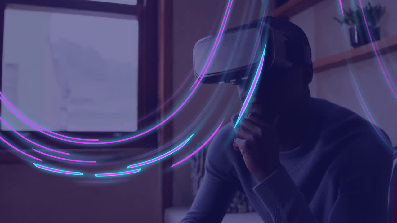 빛나는 빛의 애니메이션 데이터 전송의 흔적 vr 헤드 ⁇ 에서 아프리카계 미국인