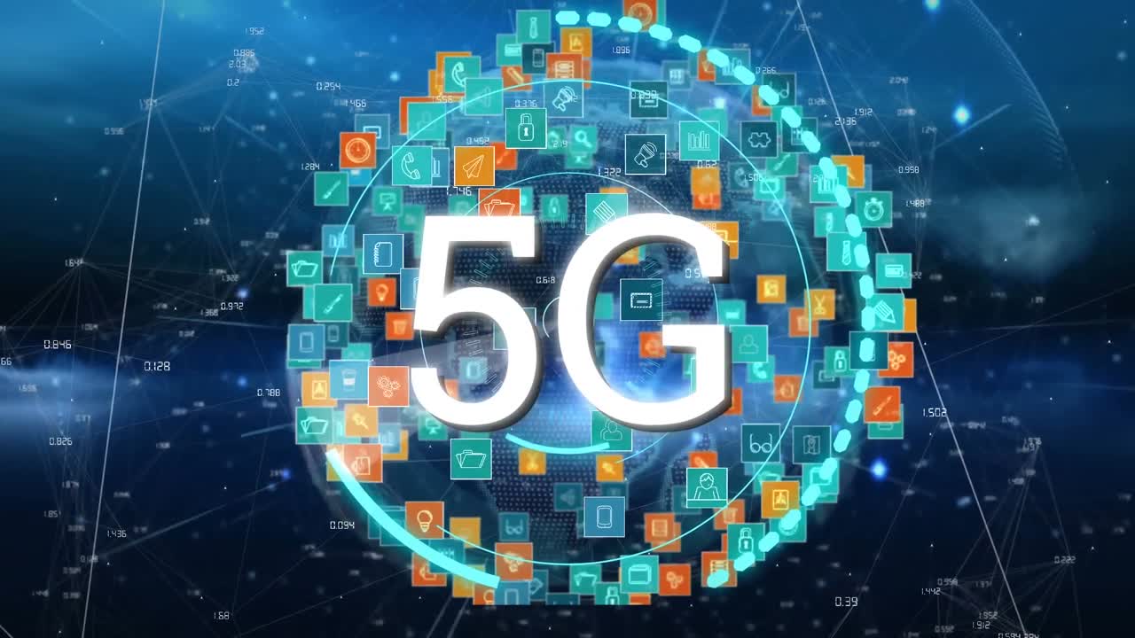 animazione di testo 5g con globo e icone rete di connessioni