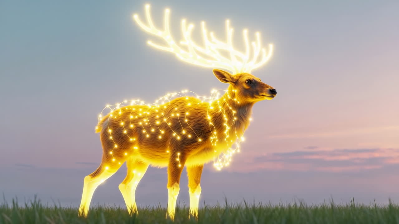 Glowing Deer with Illuminated Antlers in a Serene Landscape