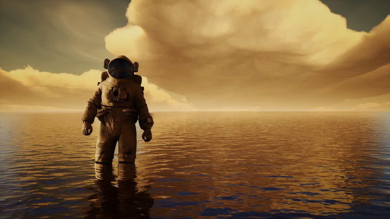 Spaceman in the sea under clouds at sunset