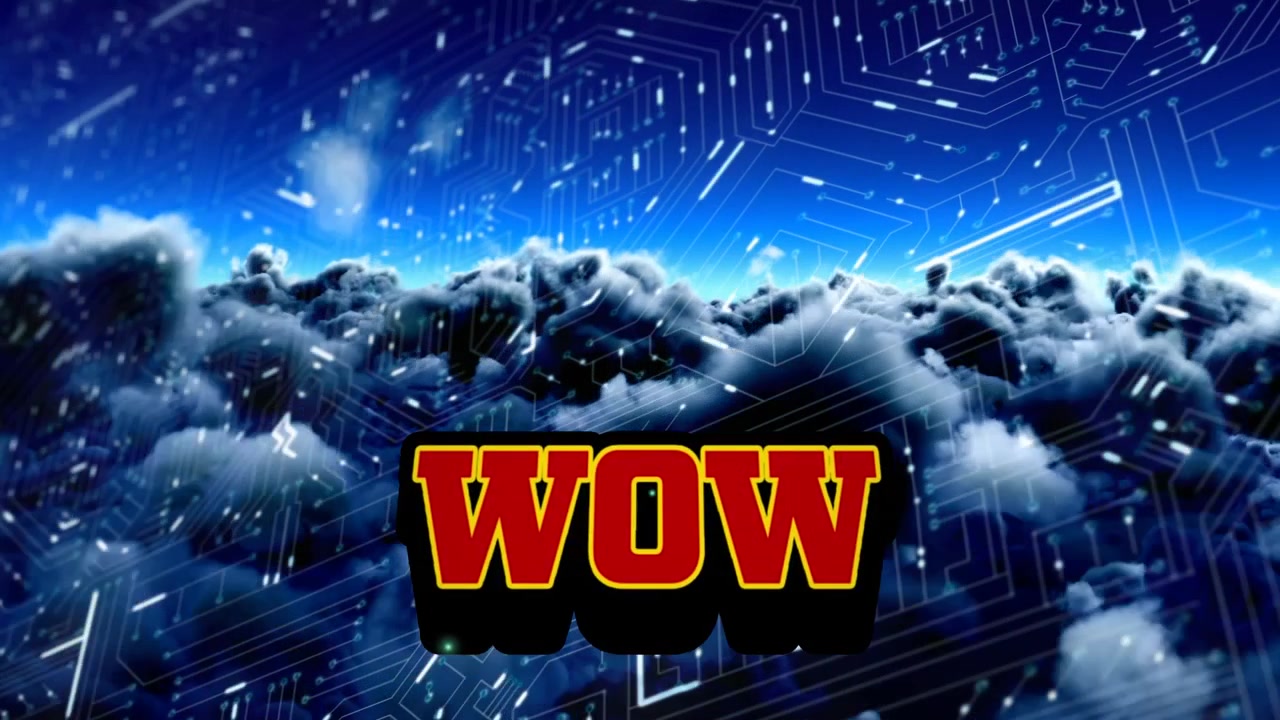 Animation of wow over integrated circuit and night cloudy sky