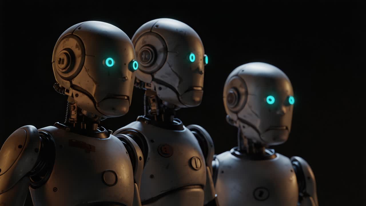 Captivating Scene Featuring Three Futuristic Robots with Glowing Blue Eyes, Standing in Formation Against a Dark Background, Exploring the Boundaries of AI and Robotics