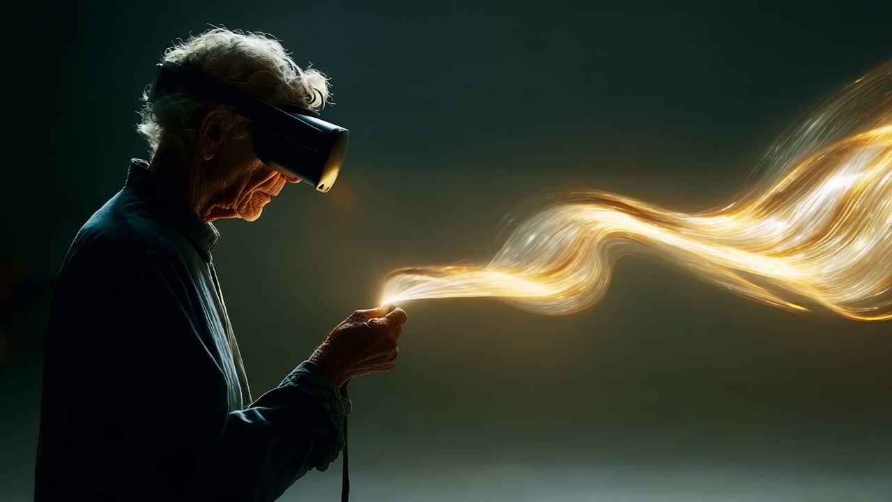 A Senior Explorer Engages with Virtual Reality, Manipulating Streams of Light and Energy, Bridging Generations Through Innovative Technology and Digital Creativity