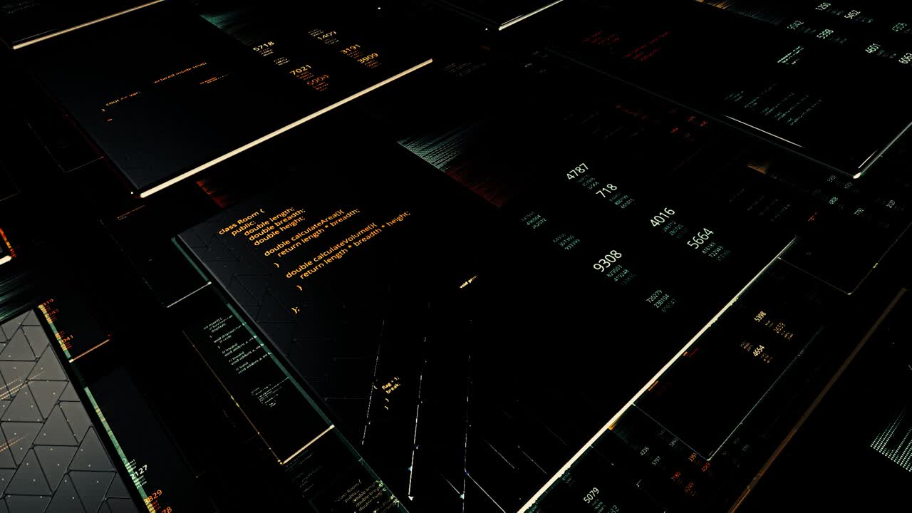 Abstract screens with digits, graphs, abstract scientific graphic background, seamless loop. Animation. 3D visualization of flying modern digital panels.