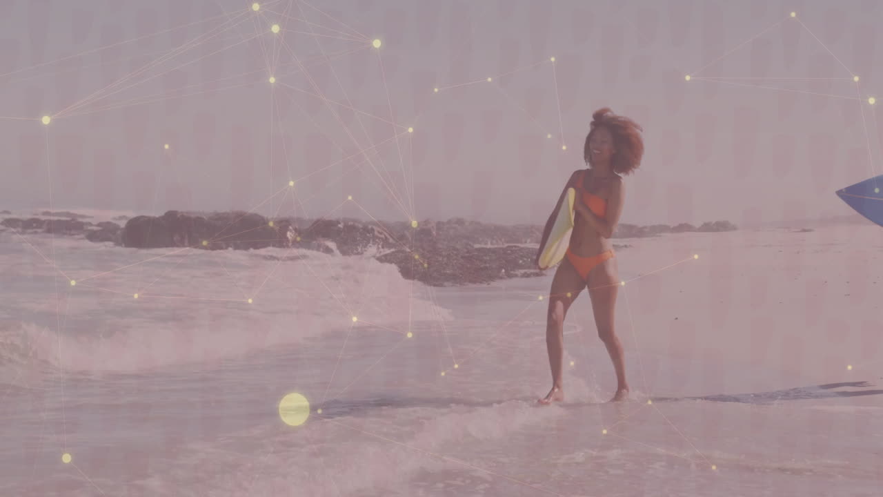 woman jumping through surf holding yellow board, overlaying animated health chart and heart icon