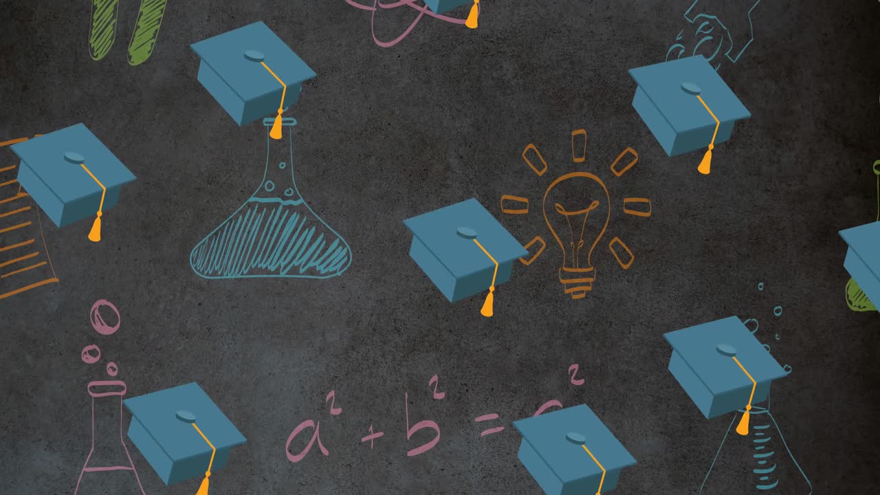 animación de los iconos de los artículos escolares que se mueven sobre un fondo gris