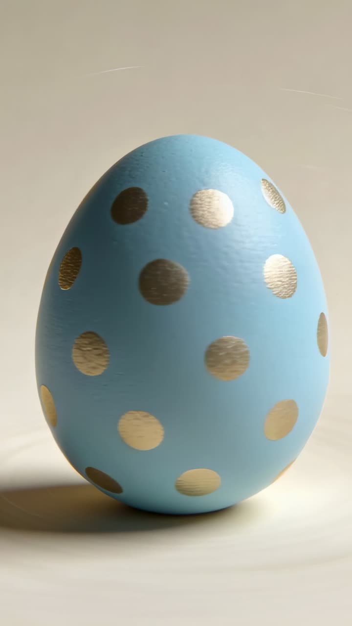 Vertical video: Camera capturing egg rotating on studio tabletop, revealing gold polka dot pattern