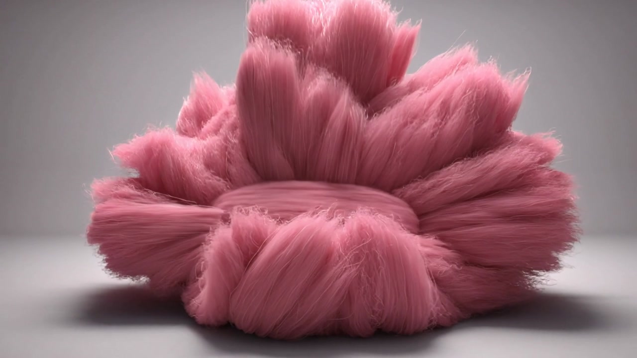 Expanding from internal pull, pink fibrous mass forming tufts on stage settling woven sphere