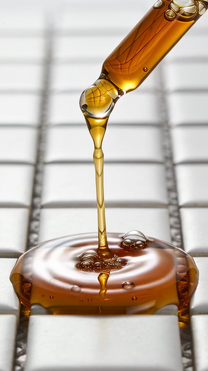 Video verticale: pressione di un contagocce in vetro che rilascia un liquido ambrato su piastrelle bianche, formando bolle
